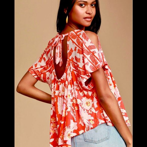 Free People Baja Babe Tie-Back Cold-Shoulder Floral Summer Top - Picture 2 of 8